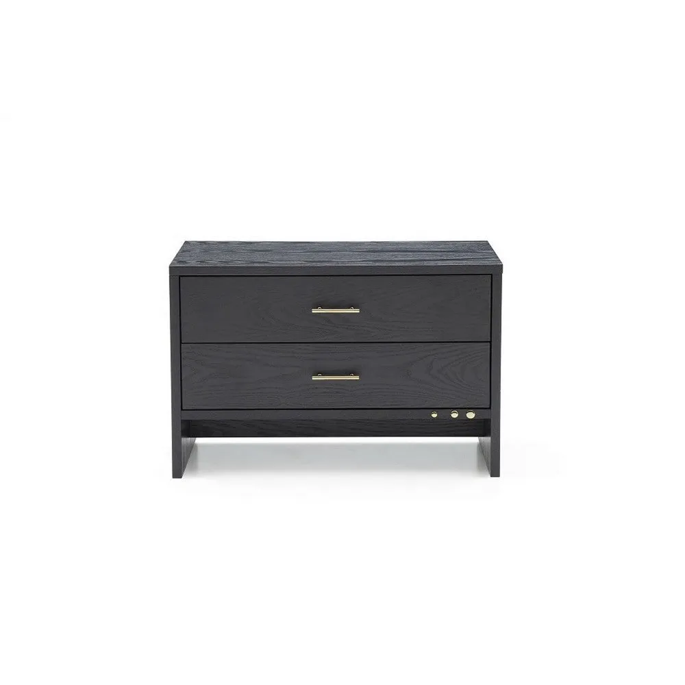2 Drawer Wooden Nightstand with Brass Handles, Gray By Casagear Home