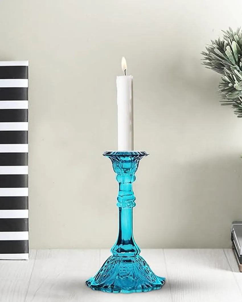 Blue Subtle Shine Glass Candle Holders | Set of 2 | 7 x 4 x 2 inches