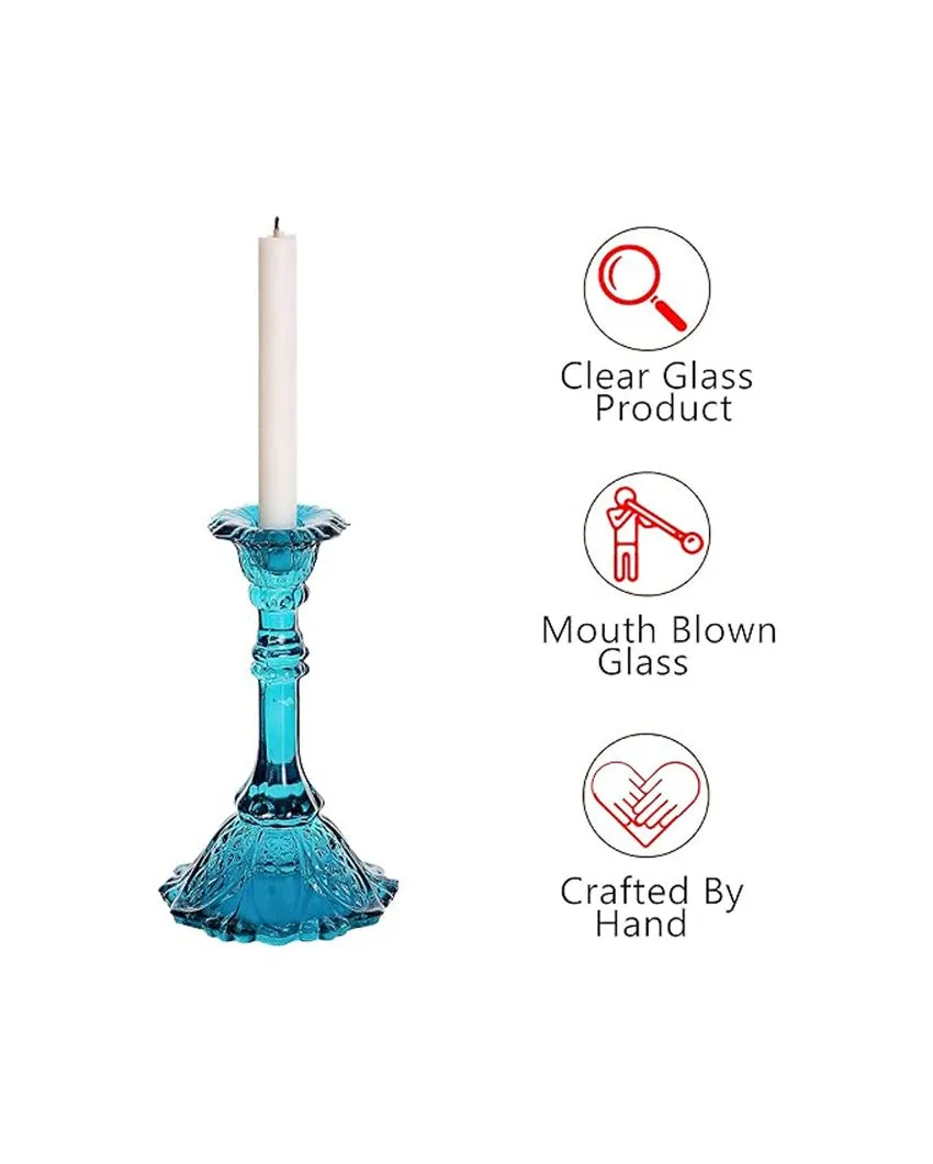 Blue Subtle Shine Glass Candle Holders | Set of 2 | 7 x 4 x 2 inches
