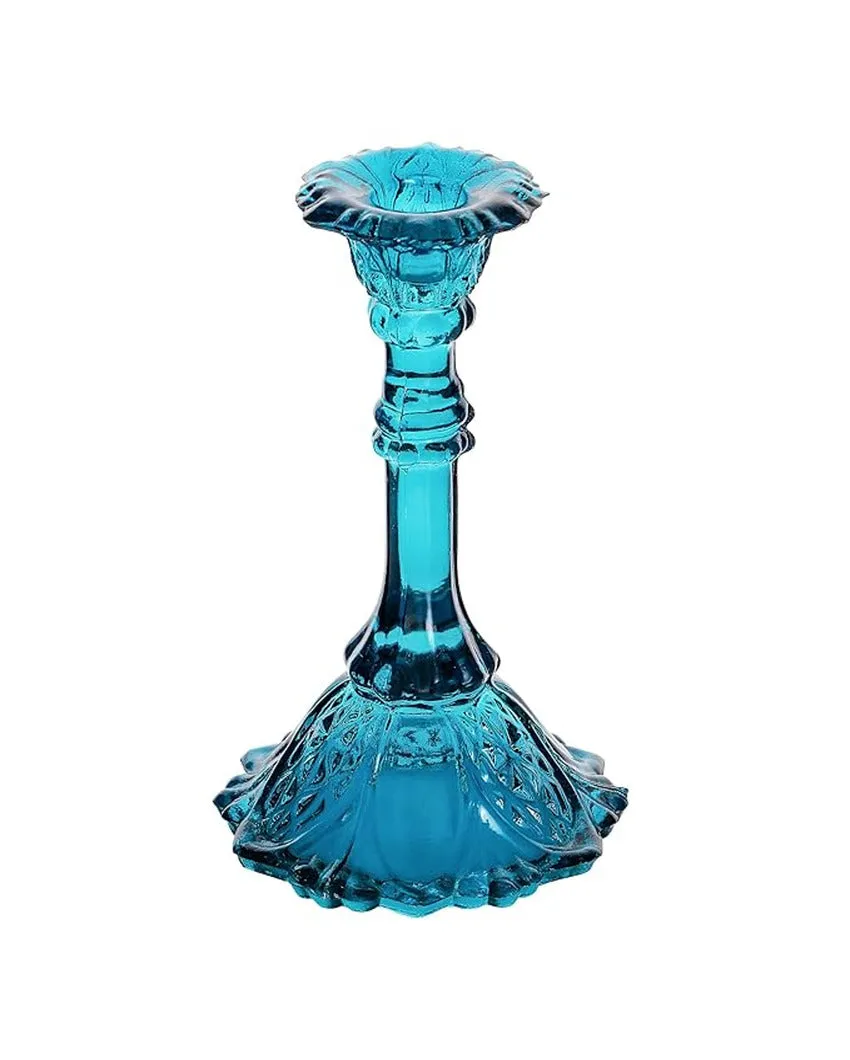 Blue Subtle Shine Glass Candle Holders | Set of 2 | 7 x 4 x 2 inches