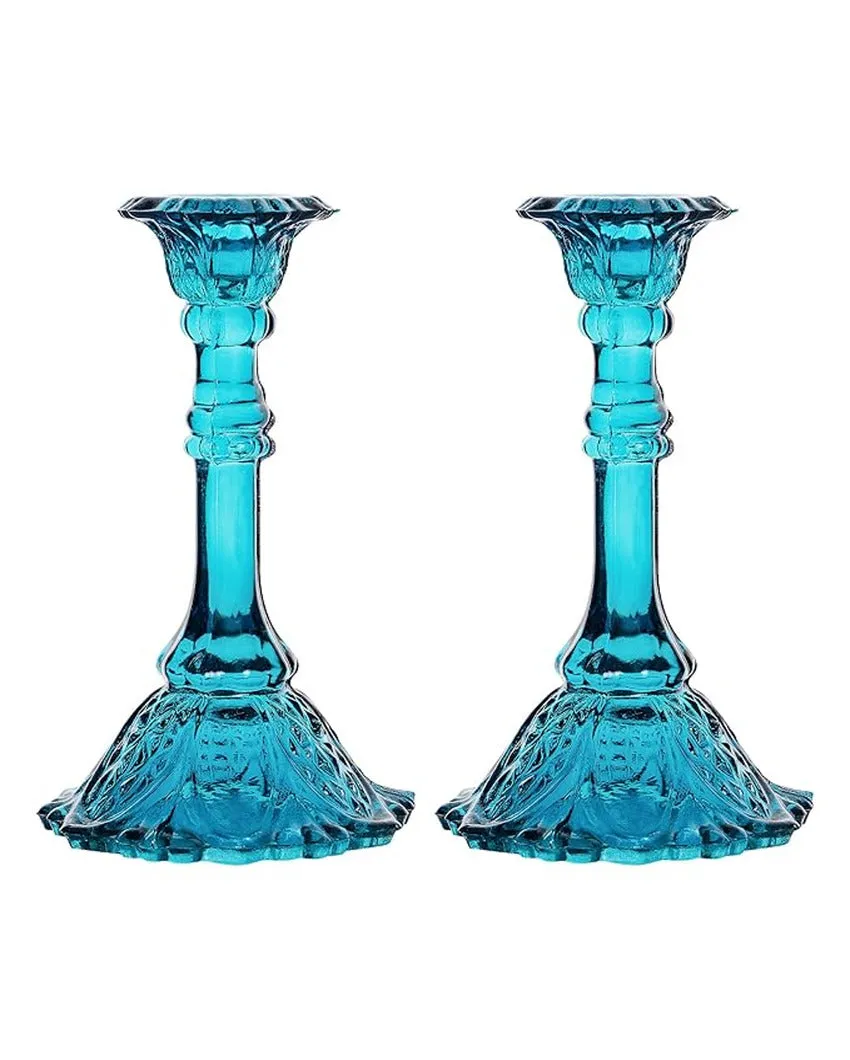 Blue Subtle Shine Glass Candle Holders | Set of 2 | 7 x 4 x 2 inches