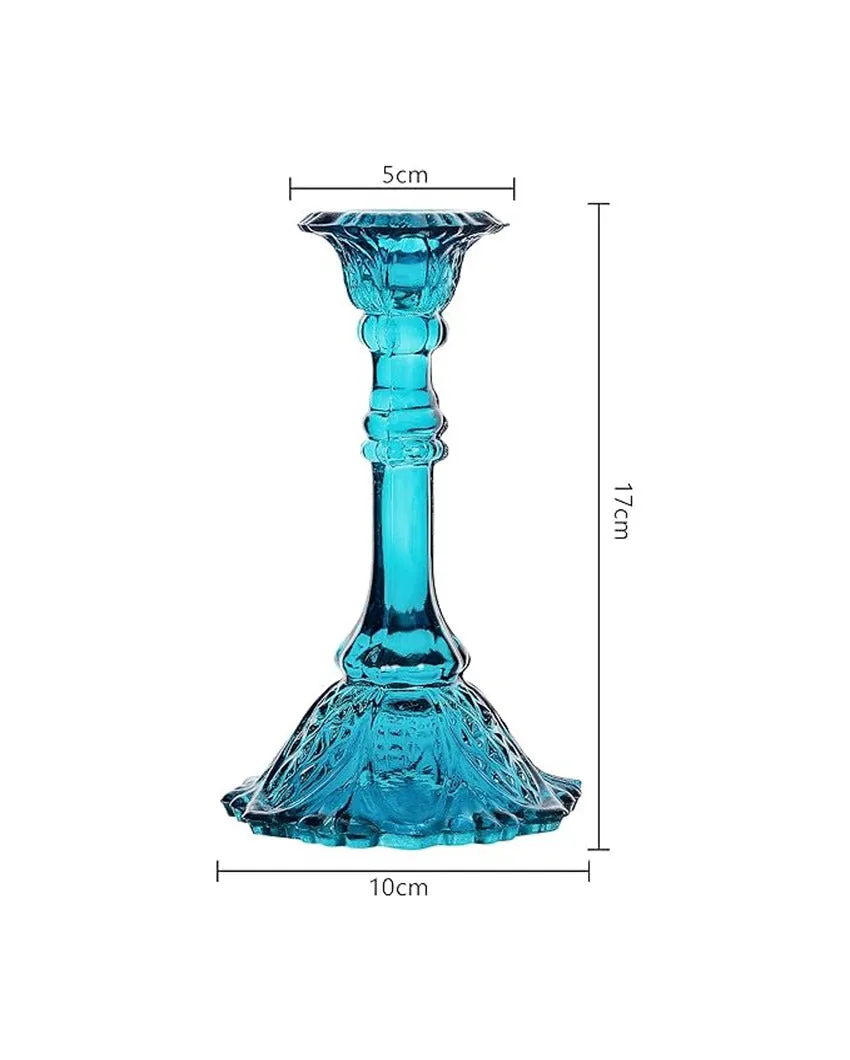 Blue Subtle Shine Glass Candle Holders | Set of 2 | 7 x 4 x 2 inches