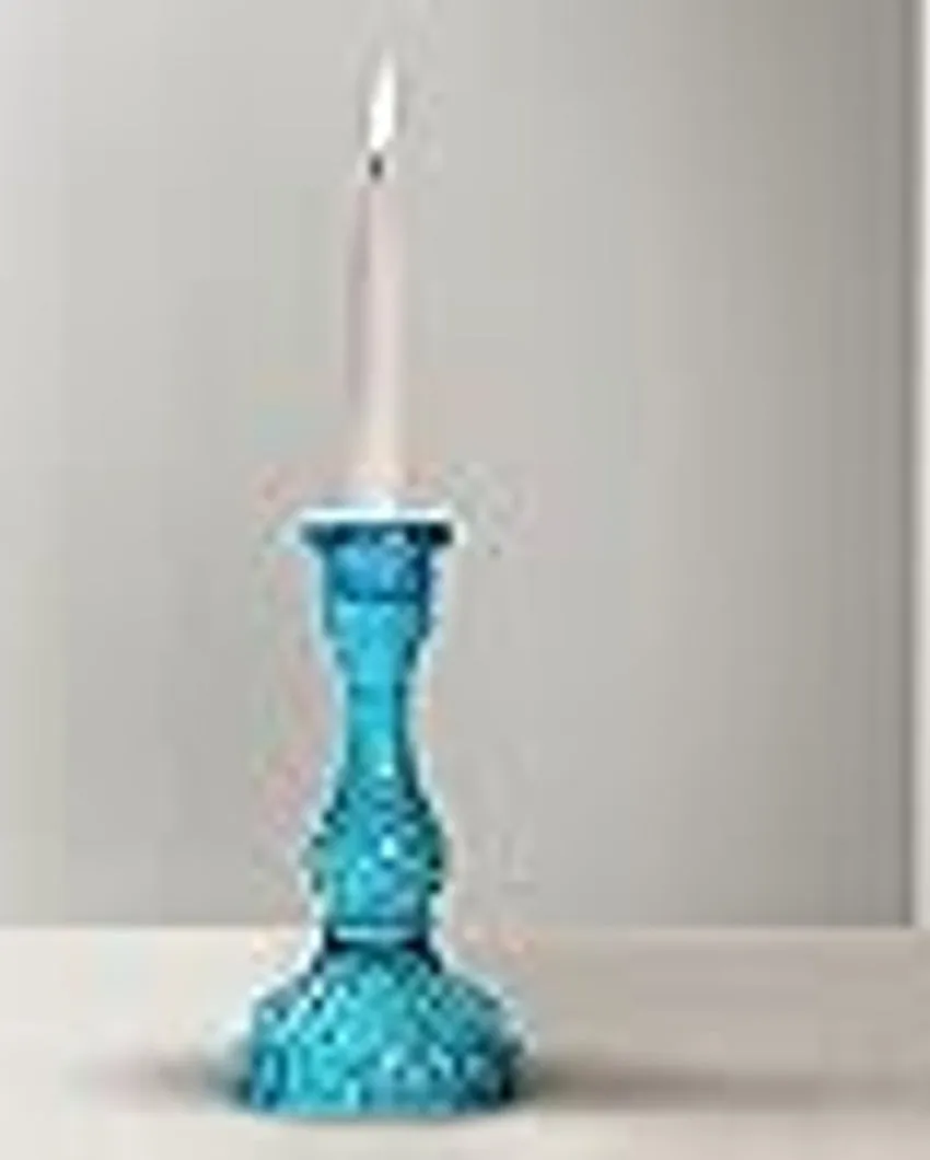 Blue Vintage Style Antique Glass Candle Holder | 7 x 3 x 2 inches
