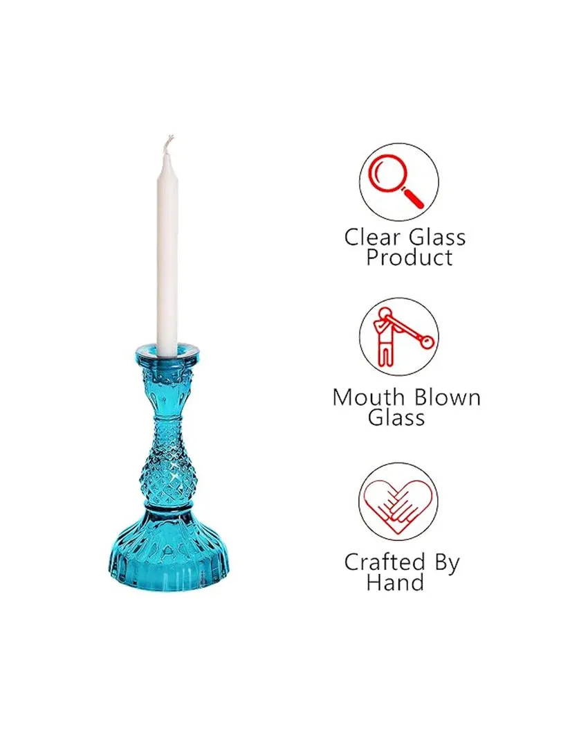 Blue Vintage Style Antique Glass Candle Holder | 7 x 3 x 2 inches