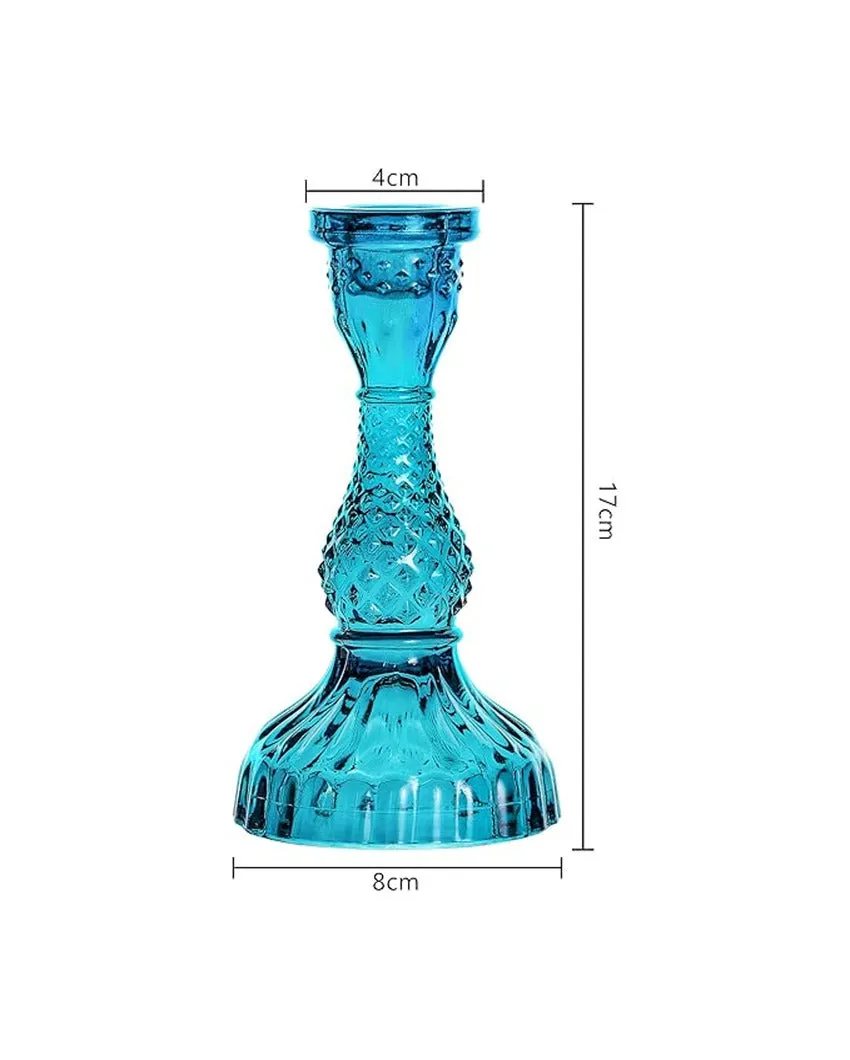 Blue Vintage Style Antique Glass Candle Holder | 7 x 3 x 2 inches