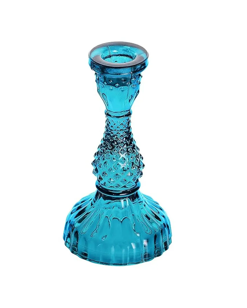 Blue Vintage Style Antique Glass Candle Holder | 7 x 3 x 2 inches