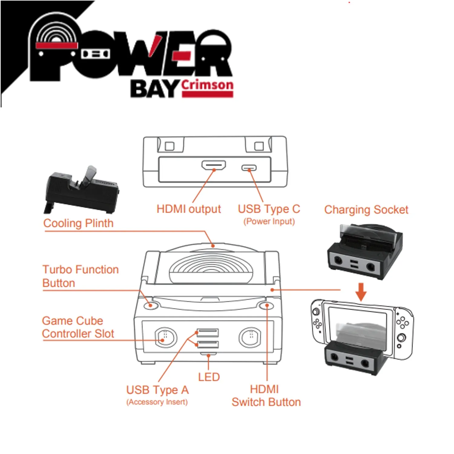 Brook Power Bay Crimson for Nintendo Switch Console Dock with Connect to for GameCube Controller
