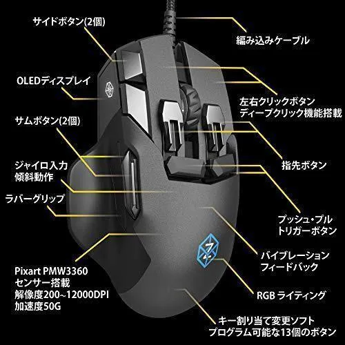 Swiftpoint Z Gaming Mouse, 13 Programmable Buttons, 5 with Pressure Sensors, Analog Joystick Control for FPS Peeking and Flying, 12K DPI, OLED RGB MMO, Black