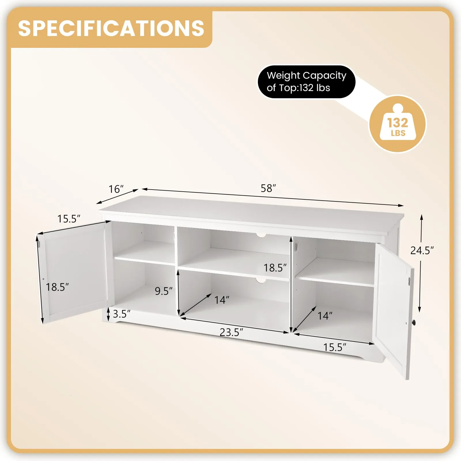 Tangkula White TV Stand for TVs up to 65" Home Entertainment Center with 2 Storage Cabinets & Adjustable Shelves