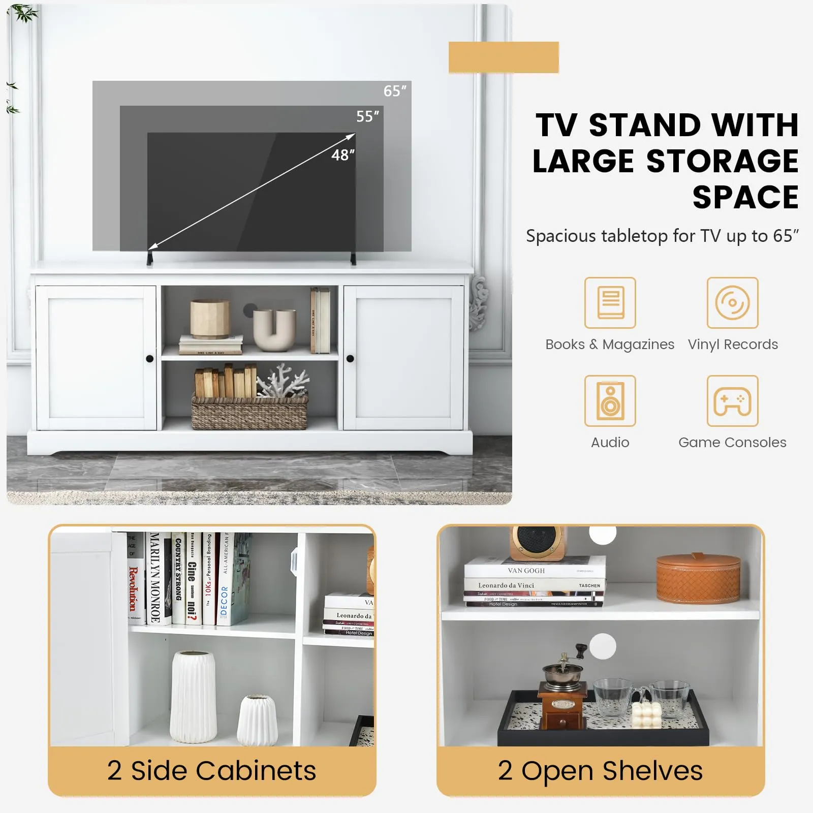Tangkula White TV Stand for TVs up to 65" Home Entertainment Center with 2 Storage Cabinets & Adjustable Shelves