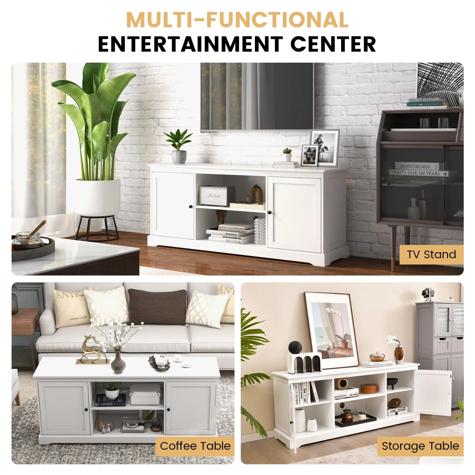 Tangkula White TV Stand for TVs up to 65" Home Entertainment Center with 2 Storage Cabinets & Adjustable Shelves