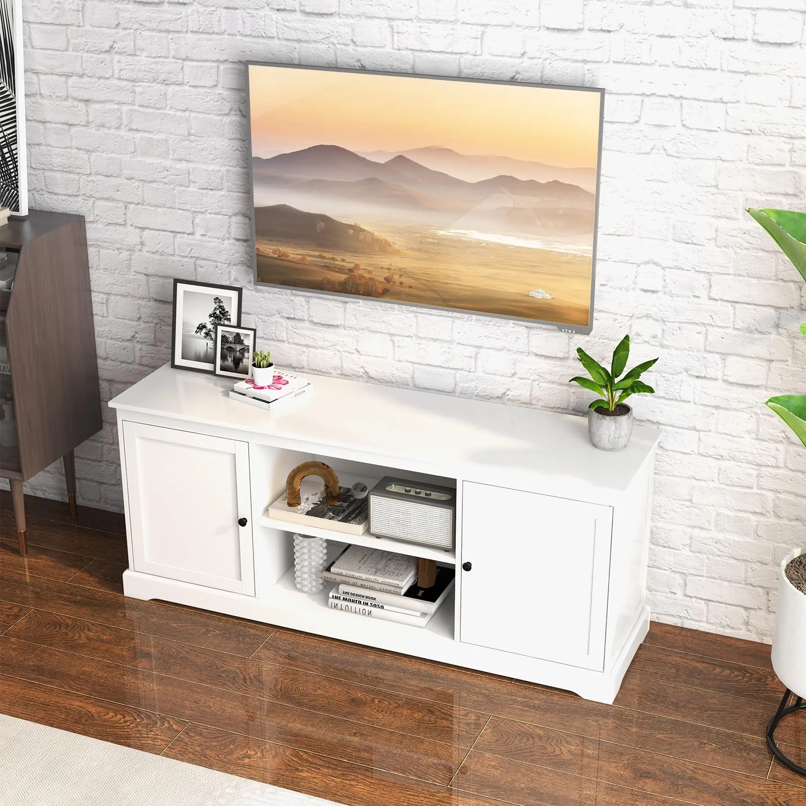 Tangkula White TV Stand for TVs up to 65" Home Entertainment Center with 2 Storage Cabinets & Adjustable Shelves