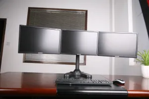 Triple Monitor Stand Freestanding LCD Computer Screen Desk Mount for 19, 20, 22, 23, 24 Inch Monitors VESA 75 and 100 Compatible Full Motion, 66 lbs Capacity (3 Horizontal Monitor)