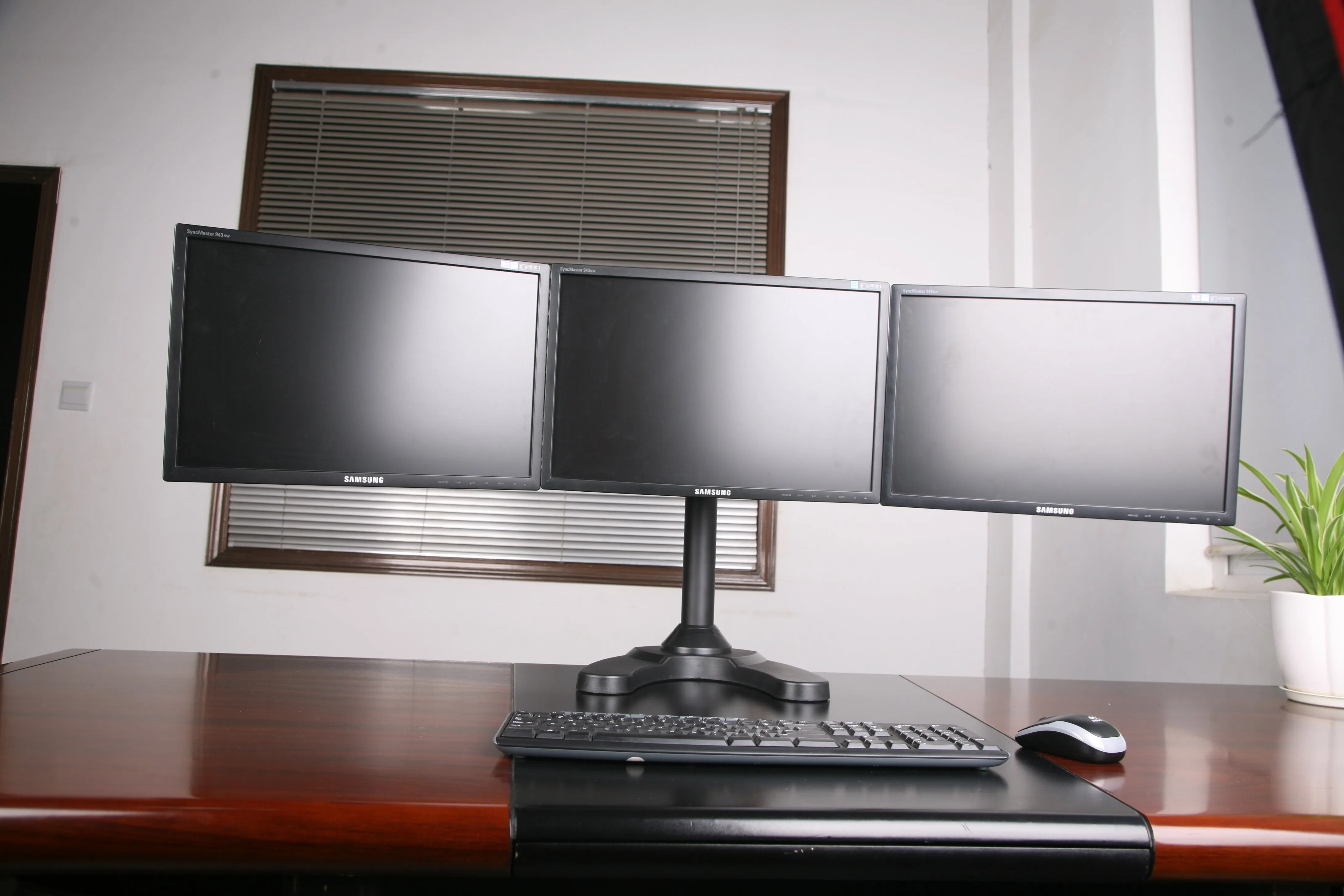 Triple Monitor Stand Freestanding LCD Computer Screen Desk Mount for 19, 20, 22, 23, 24 Inch Monitors VESA 75 and 100 Compatible Full Motion, 66 lbs Capacity (3 Horizontal Monitor)